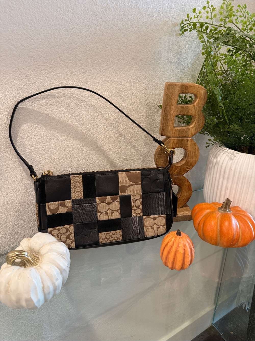 Coach Patchwork Signature Wristlet in Black & Tan